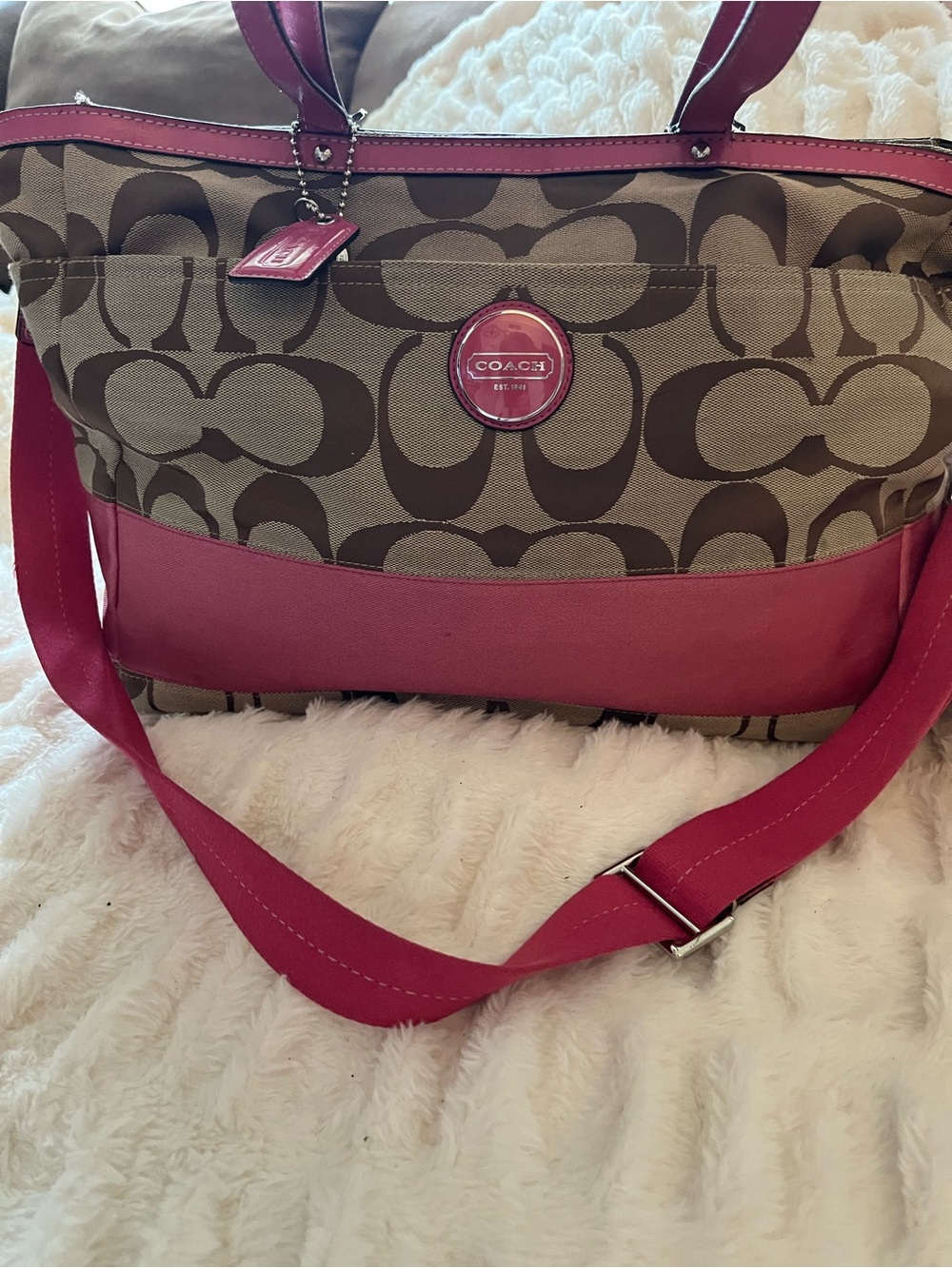Coach Signature Stripe Baby Bag w/ Hot Pink Patient Leather Trim - EUC